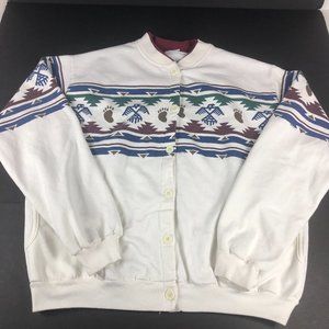 VTG AU Sport Native American Sweatshirt Men Extra Large White Button Up Crewneck